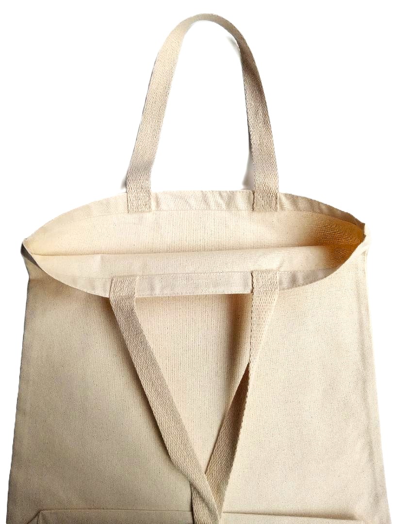 Photo of a canvas tote bag with wide open mouth.
